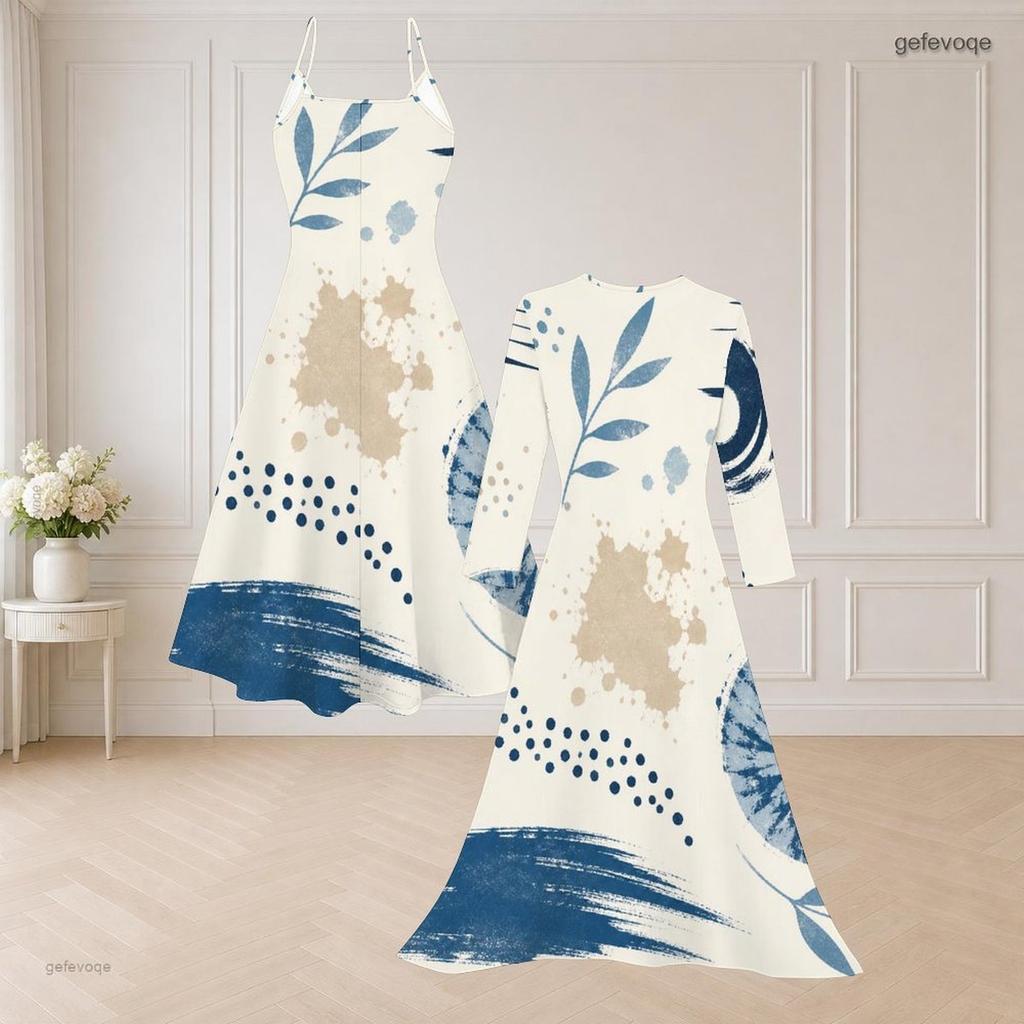 Women Plus Size Two Piece Set Abstract Printed V Neck Strappy Flared Dress Three Quarter Sleeve Long Open Front Cardigan Blue White Beige