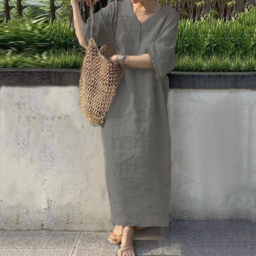 Damen V-Ausschnitt Kurzarm Lockerer Schnitt Mittlere Taille Einfarbig Baumwolle Leinen Maxi Freizeitkleid