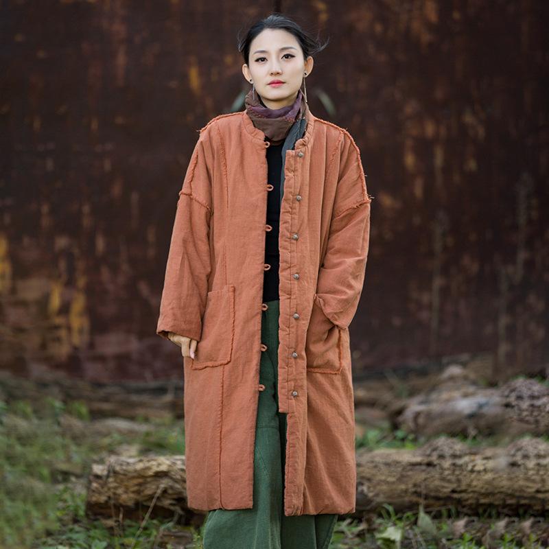 Johnature Women Vintage Winter Stand Long Sleeve Warm Button Chinese Style Coats Pockets Coats