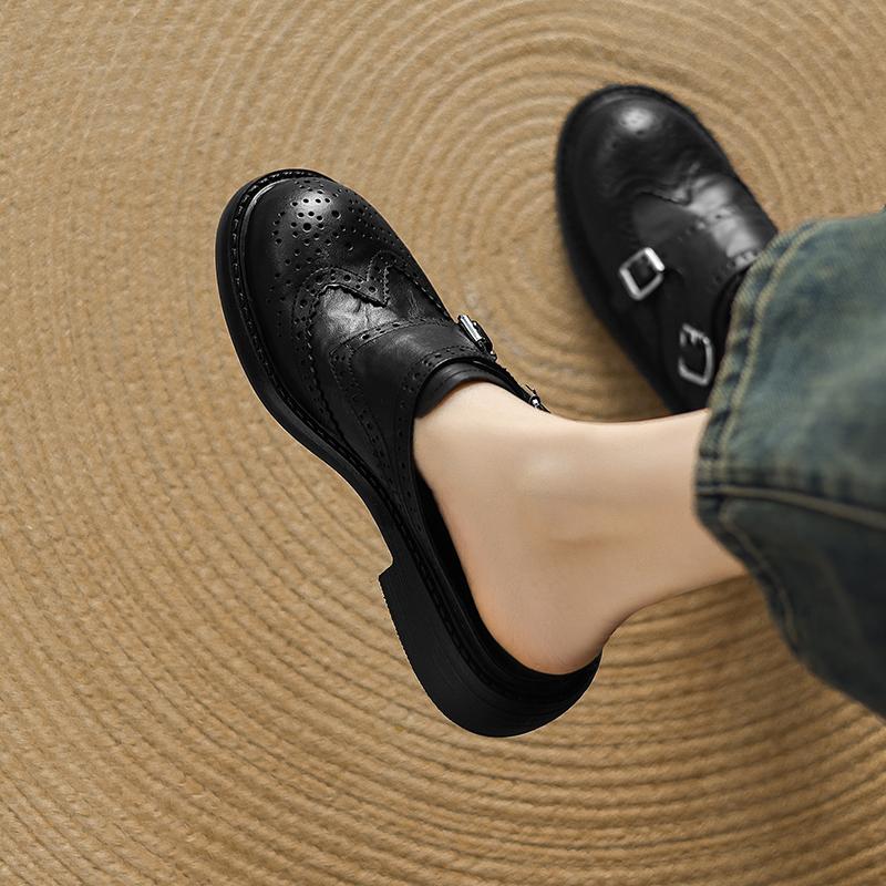 Fashion 2025 New Genuine Leather Retro Loafers Woman Sandal Round Toe Slip-on Casual Shoes Spring Summer Shoes Outdoors Walk Shoes Woman