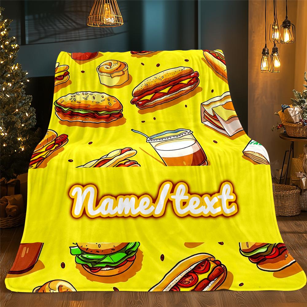 Custom name hamburger-themed flannel blanket, soft blanket, suitable for sofas, beds, birthdays, children, friends, gifts