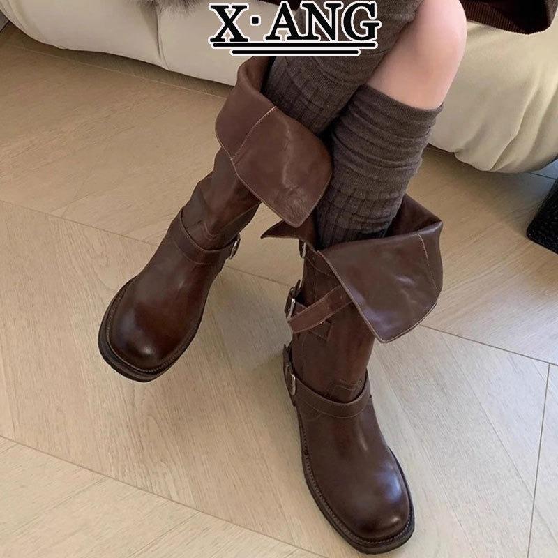 

Spice Girl Belt Buckle Pile Boots Women s Leather But Knee Boots High Boots Brown Big Tubular Rider Boots 40