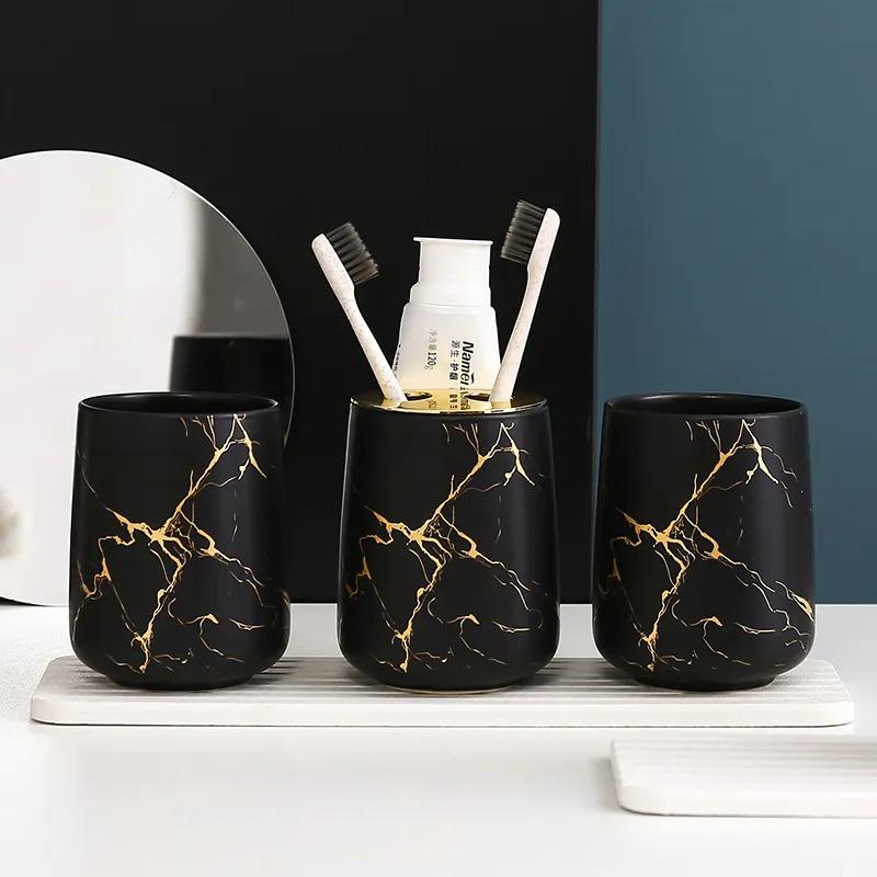 Matte Gold Ceramics Bathroom Set Decor Soap Dispenser Toothbrush Holder cup Soap Dish tray Mouthwash Cup bathroom Washing Set