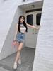 Spicy Girl Patchwork Strapless Denim Crop Top - Sexy, Slim-Fit, One-Shoulder Camisole