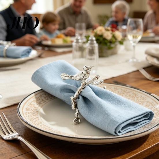 Alloy Napkin Ring Ring, Vintage Branch & Bird Design with Gold Finish, Open-End Holder for Cotton Linen Cloth Dinner Napkins, Wedding Banquet