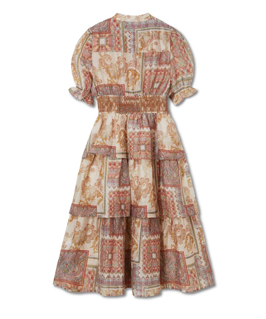 Penfield Short Sleeve Waist Embroidered Smocking Tiered Dress Red_Fs2Ws10F