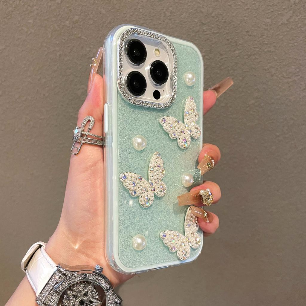 Ins Japan and Korea Flash Diamond Pearl Butterfly for iPhone16promax Mobile Phone Case Apple 15pro New 12 Flash