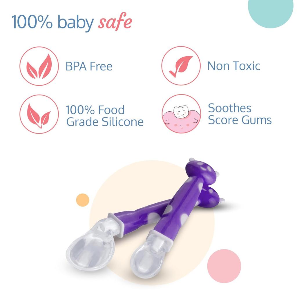 Luvlap Joy Star Baby Self Feeding Spoon Set Soft Silicone Tip BPA Free Toddler Utensils Pack of 2 Pcs Magenta White
