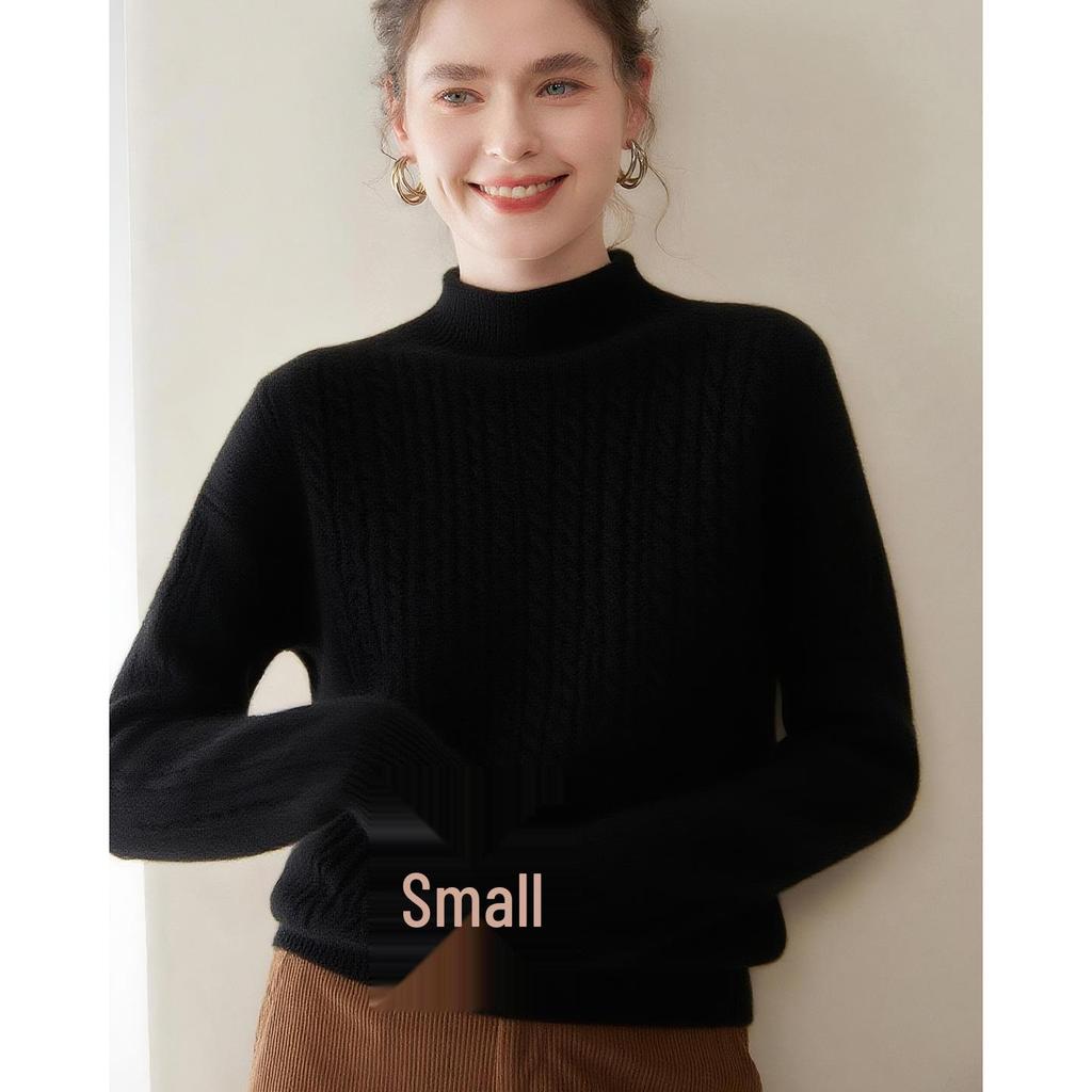 Women's Cashmere Knit Pullover: Seven-Stitch Rolled Hem, Half-High Collar, Solid Color Sweater