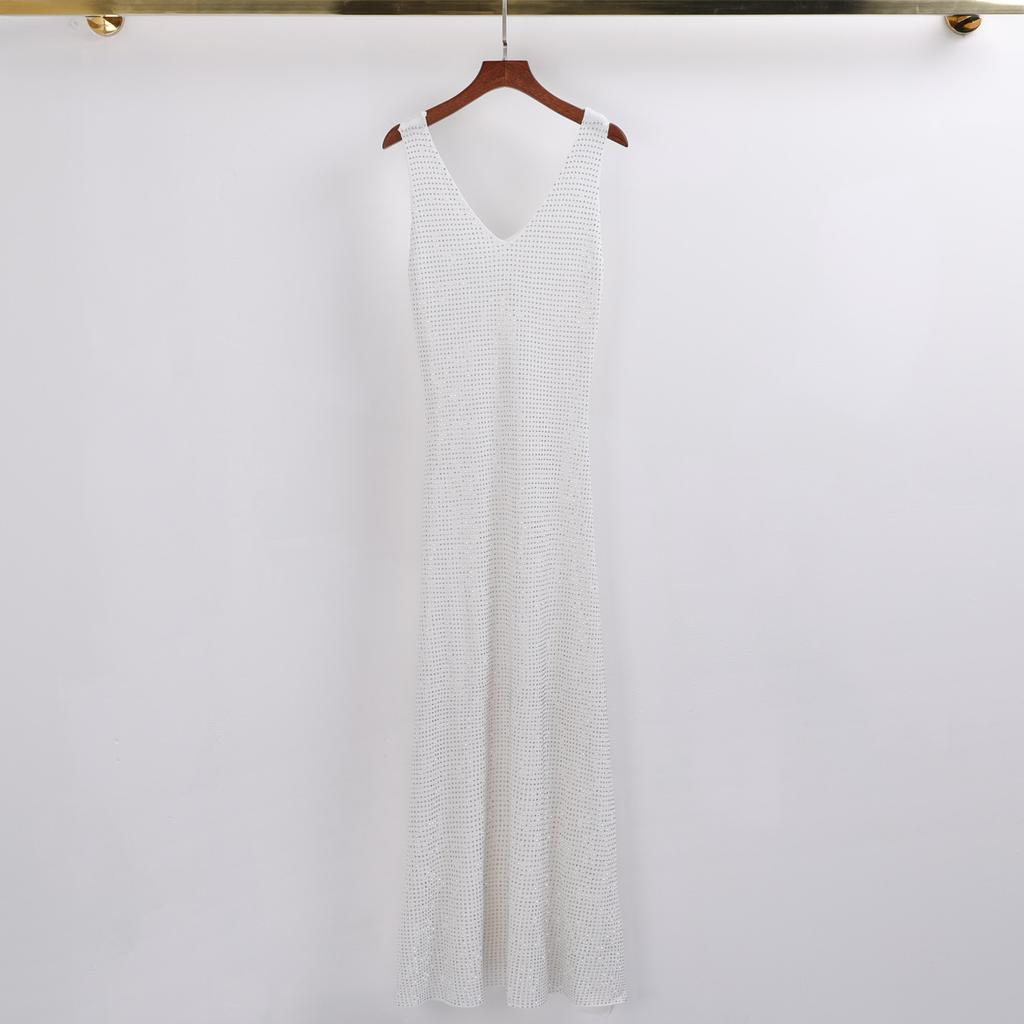 High-quality New Sleeveless V-neck Knit Rhinestone Dress for Summer, Versatile Slimming Dress