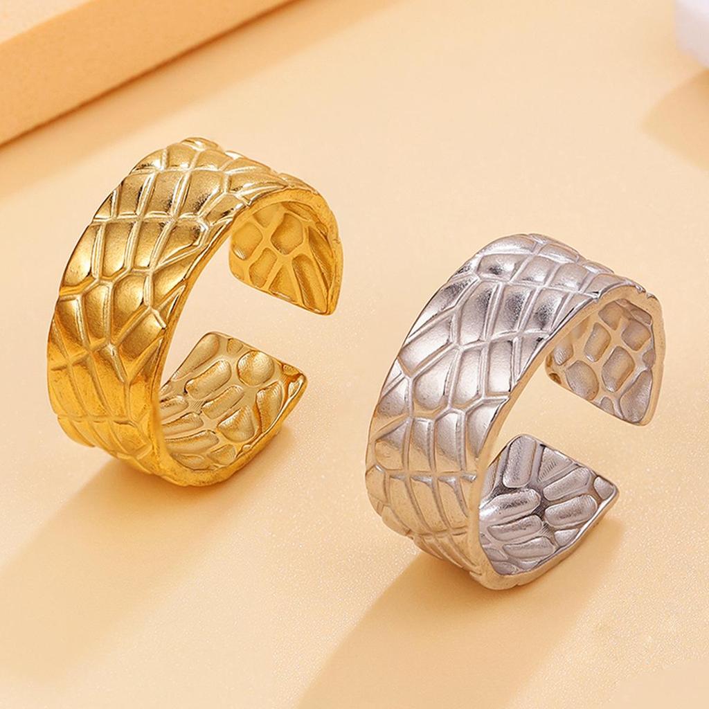 Personalized Geometric Wide Texture Open Ring for Women, 18K Gold Plated Stainless Steel Jewelry
