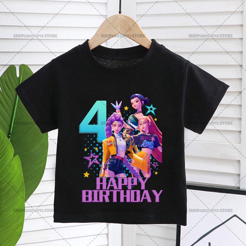 

Футболка KPop Demon Hunters для девочки, с коротким рукавом, для вечеринки по случаю дня рождения, топы, принт Руми Мира Зои, летняя детская одежда 150