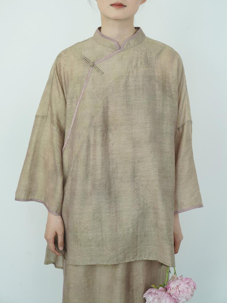 Johnature Women Chinese Style Shirts Solid Color Stand Tops Vintage Blend Summer Blouses Seven Sleeve Button Shirts