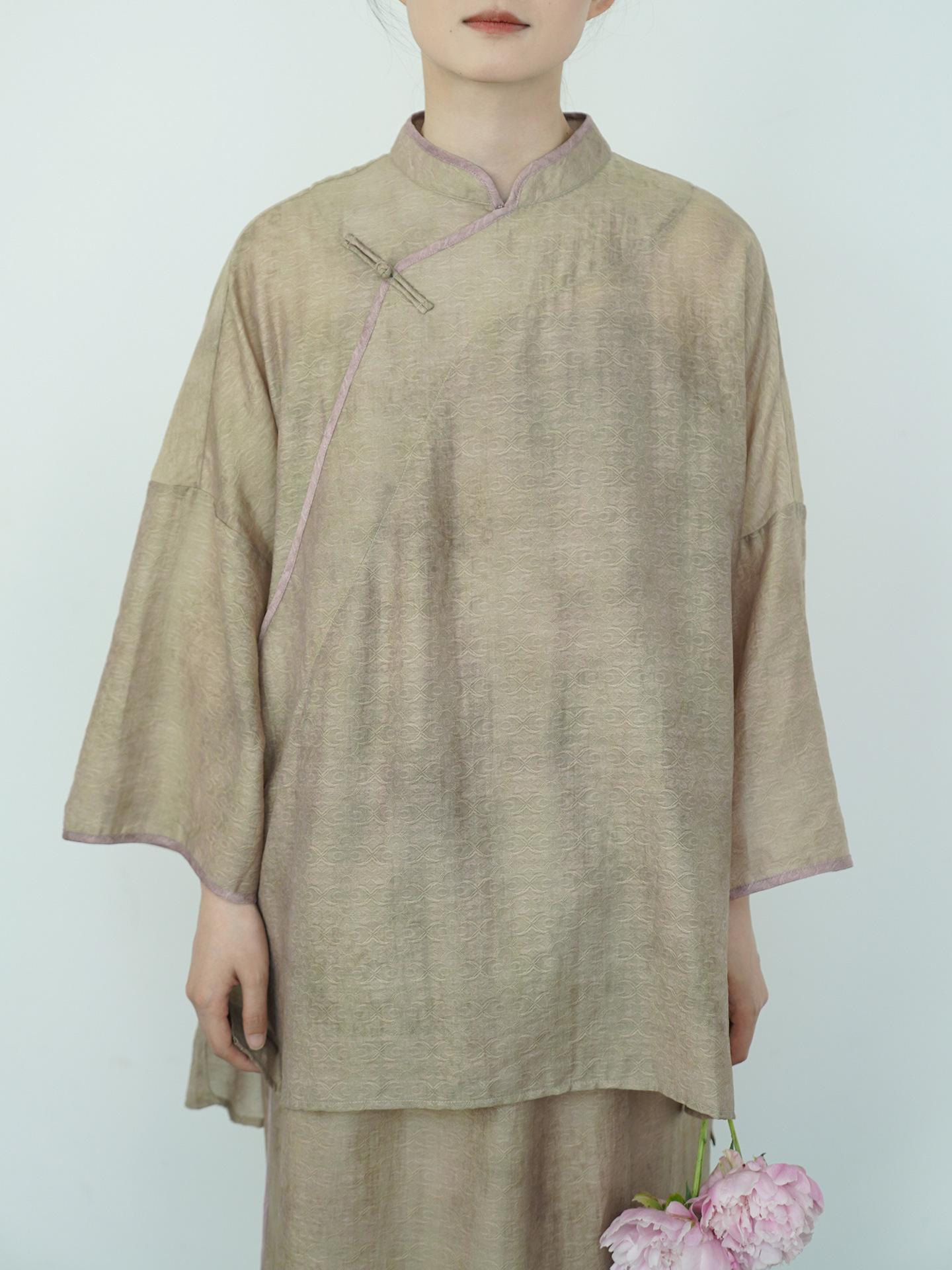 

Johnature Women Chinese Style Shirts Solid Color Stand Tops Vintage Blend Summer Blouses Seven Sleeve Button Shirts One Size