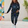 Women Plus Size Black Teal Gold Printed Round Neck Long Sleeve Top And Fitted Pants Two Piece Set