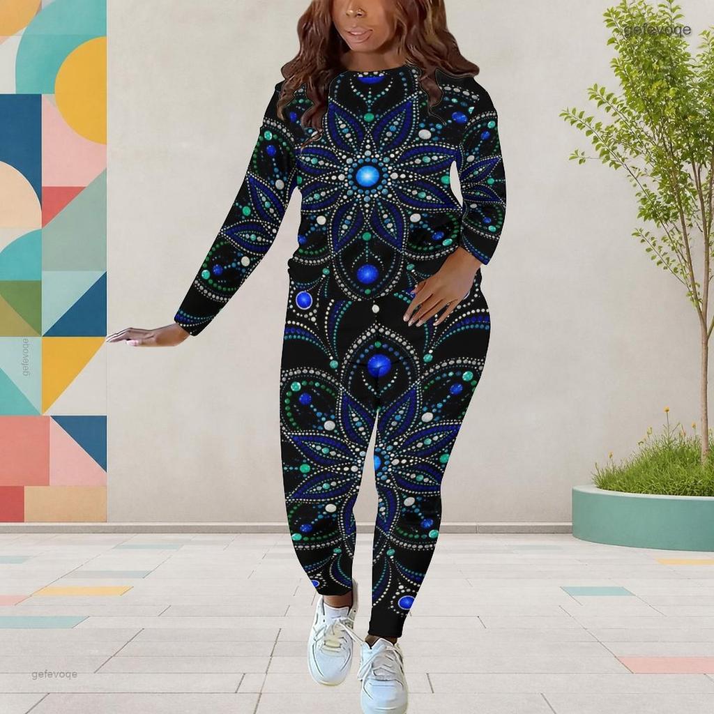 Women Plus Size Black Teal Gold Printed Round Neck Long Sleeve Top And Fitted Pants Two Piece Set