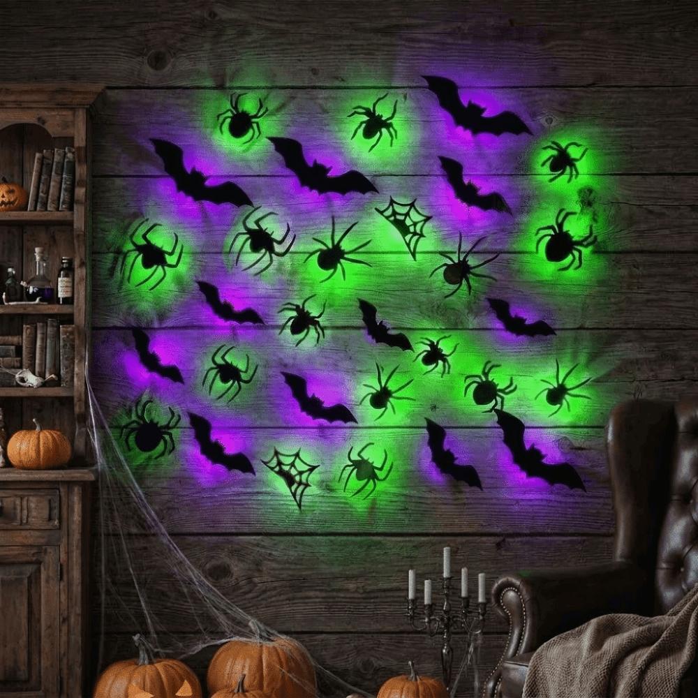 3D Bat LED Glow Wall Stickers Purple Green Lights Waterproof Halloween Spider Atmosphere Lamp Glow In The Dark Lighted Stickers