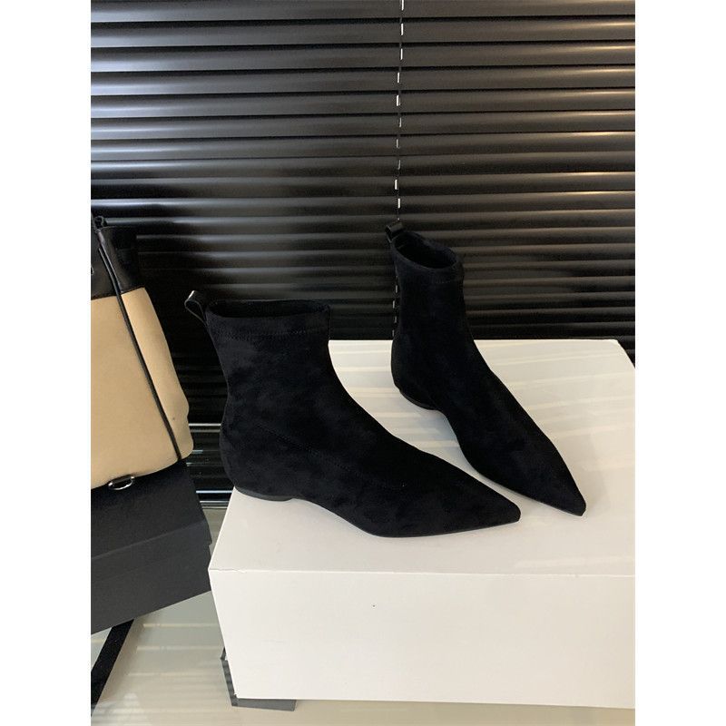 Skinny boots short boots suede British style year matte socks boots flat bottom niche pointed retro design sense