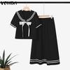VONDA Two Pieces Women Girls College Style Sets Naval Collar Short Sleeve Blouse and Long Skirts Outfits 