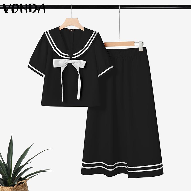 VONDA Two Pieces Women Girls College Style Sets Naval Collar Short Sleeve Blouse and Long Skirts Outfits 
