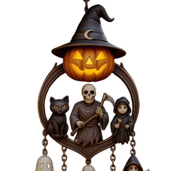 Halloween Gothic Wind Chime Spooky Bell Chime with Carved Pumpkin Lantern Ghost Grim Reaper Black Cat for Porch Lawn Window Decor