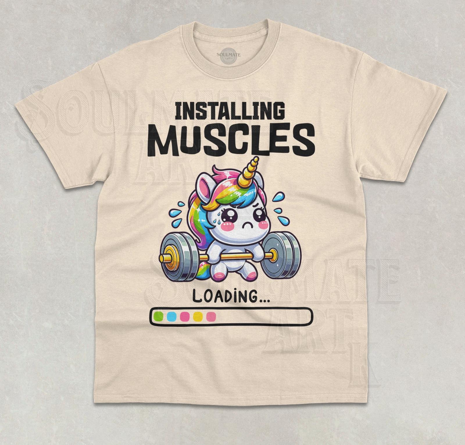 Installing Muscles Unicorn T- Shirt Funny Cute Gym Workout Joke Meme Unisex Shirt M