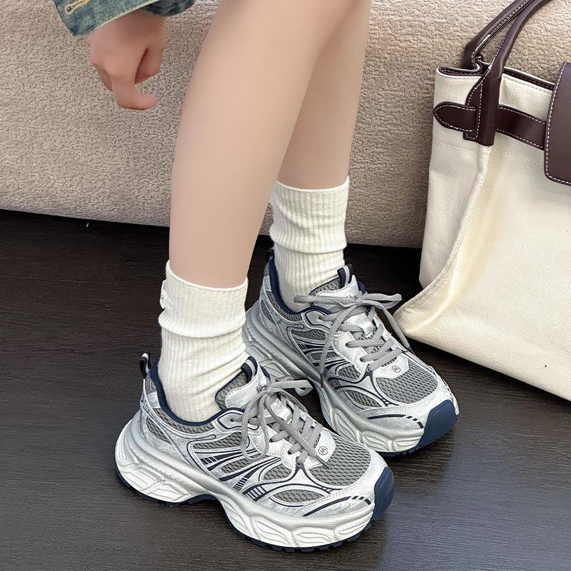 Thick-soled Heightening Dad Shoes Women's Autumn New Leather Mesh Breathable Small Casual Sports Shoes