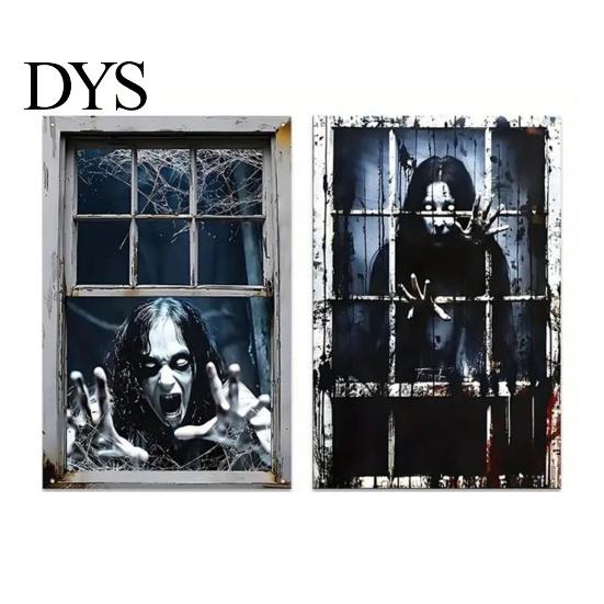 Festive Scene Layout 2Pcs Halloween Horror Window Clings, 80x120cm Spooky Ghost Skeleton Decorative Balcony Stickers Decal for Glass, Haunted