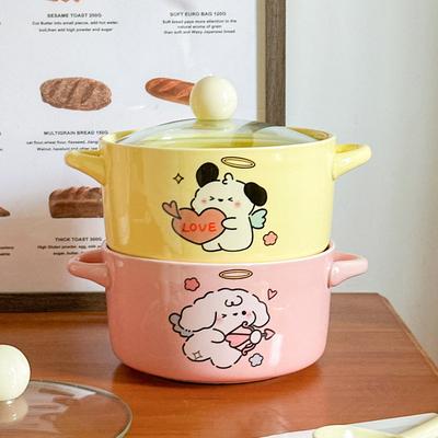 Cute Love Puppy Couple Ceramic Instant Noodle Bowl with Cover Student Dormitory Instant Noodle Bowl Binaural Snail Powder Bowl