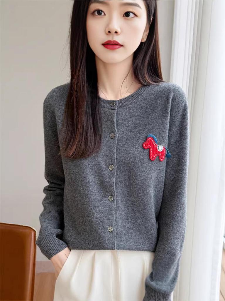 Andy's Women's Cartoon Pony Embroidered Knit Cardigan - Round Neck, Long-Sleeved, Autumn Winter Sweater