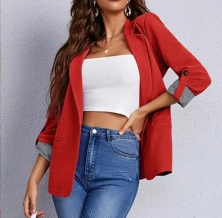 Slim Fit Solid Color Lapel Button Jacket Women Autumn Top Temperament Suit S