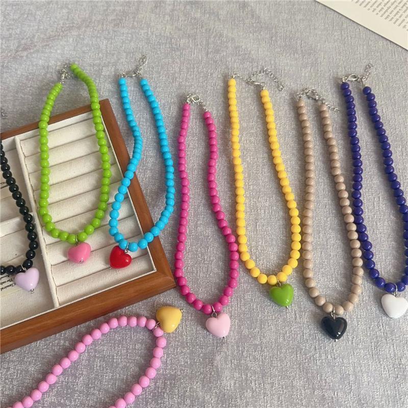 Fashion Cute Candy Color Heart Pendant Resin Beaded Choker Necklace For Women Girls Trendy Goth Vintage Aesthetic Accessories