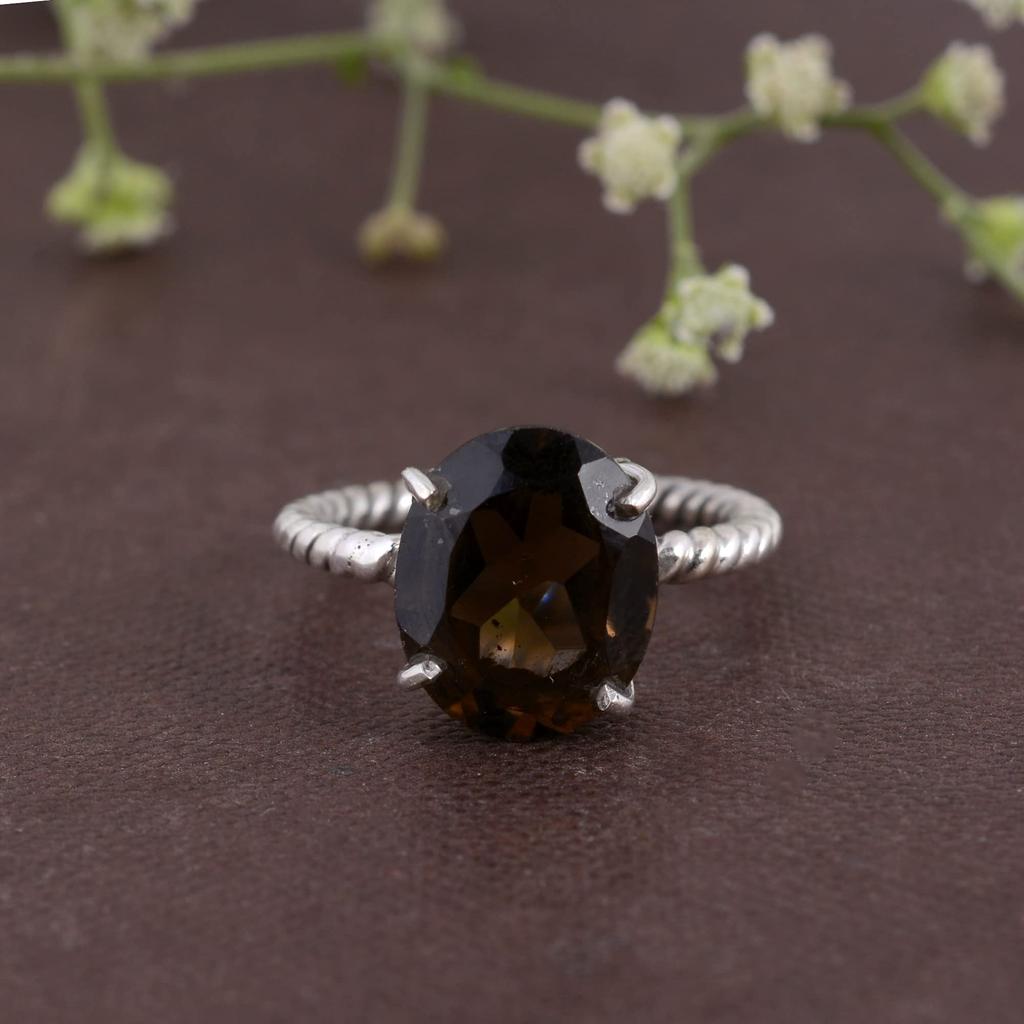 925 Sterling Silver Ring Solid Stone Ring Oval Cut Natural Smokey Quartz Gemstone 4.3 Gms