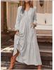 Women's V Neck Long Sleeve Maxi Dress Loose Fit Mid Waist Casual Flowy Shirt Dress Linen Cotton Fall Pleated Long Gown