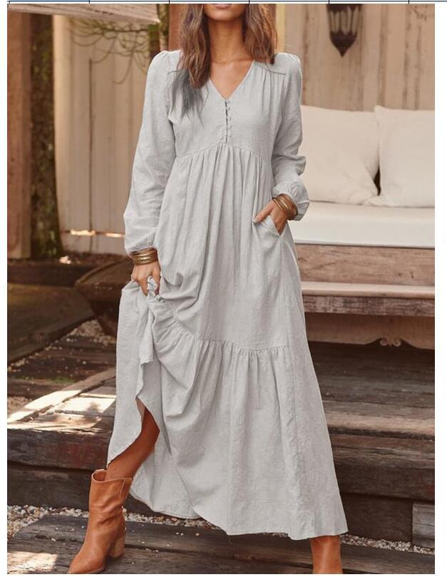Women's V Neck Long Sleeve Maxi Dress Loose Fit Mid Waist Casual Flowy Shirt Dress Linen Cotton Fall Pleated Long Gown