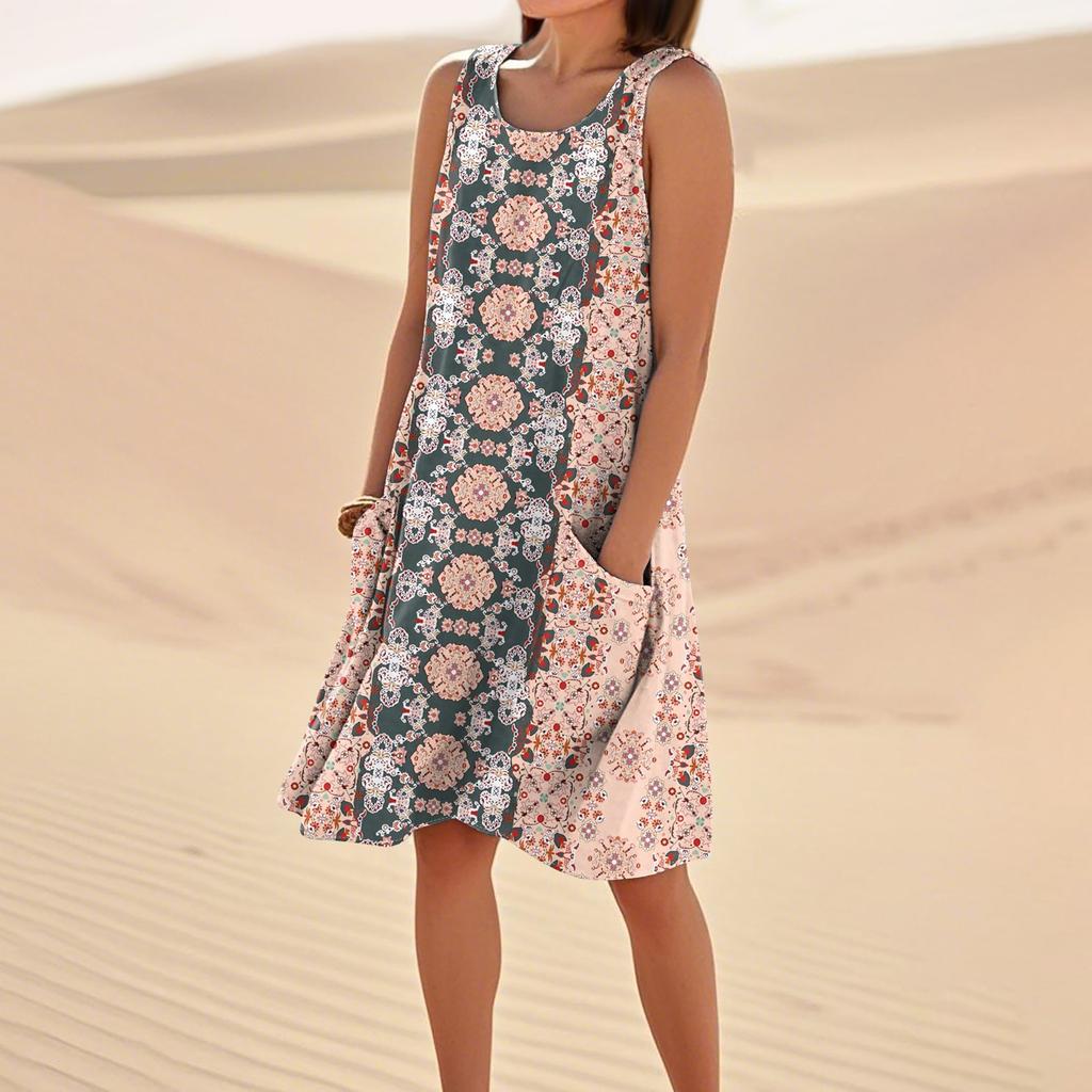 Sommerkleider für Damen, lockerer Strandurlaub, lässig, ärmellos, Sommerkleider mit Taschen, Tankkleid