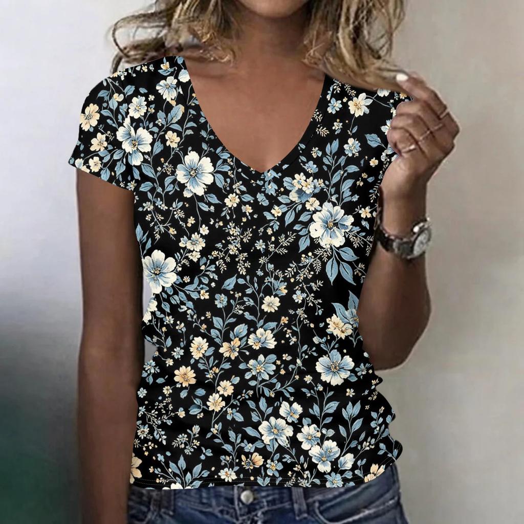 Damen V-Ausschnitt Kurzarm Blumenprint T-Shirt Lässiges Lockeres Oberteil Leichtes Weiches Gewebe Bequemes Design für den Täglichen Gebrauch