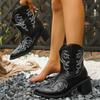 Women Western Boots Autumn Winter Fashion Pointed Toe Shoes Embroidered Style Square Heel Mid-Calf Knight Boots Plus Size Shoes
