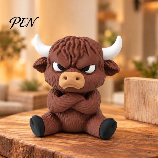 Angry Eye Cow Statue 3D Printed Highland Figurine, Cute Attitude Animal Desktop Compact Tabletop Decor Ornament, Sitting for Home Office Table