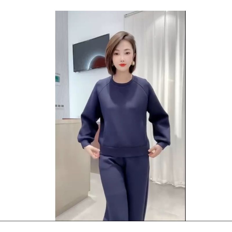 

Soft Glutinous Air Cotton Blazer Set Women! Shoulder Cufflinks to Side Zipper round Neck Hoodie + Radish Pants Dark blue High quality Fashion Suit