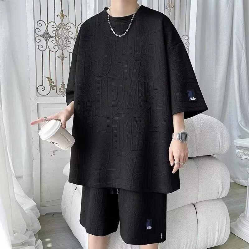 

Men s Korean Summer Suit Korean Casual T-shirt + Shorts Suit Men s Tracksuit Solid Color Tracksuit Loose Suit Plus Size 4XL чорний
