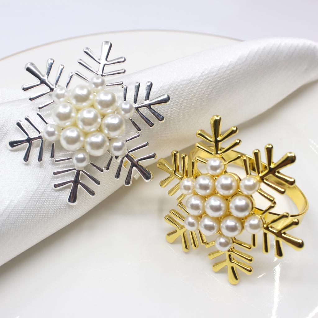 Snowflake Napkin Buckle Pearl Napkin Ring Christmas Metal Napkin Rings Restaurant Bar Kitchen Table Napkin Accessories