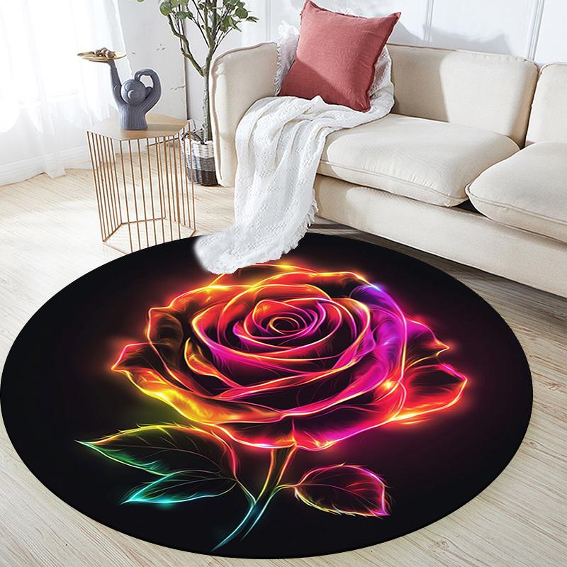 Rainbow Rose Round Area Rug,Carpet Rug for Living Room Bedroom Sofa Playroom Decor,Non-slip Floor Mat