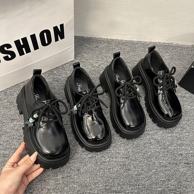 Platform loafers women's 2025 autumn new black British style small leather shoes women's height increase versatile beaded jk single shoes
