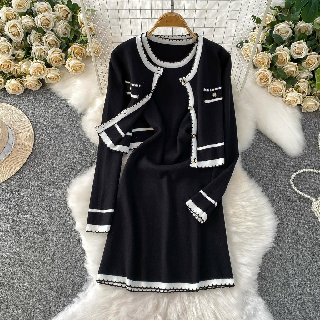 Autumn Winter Women Casual Knitted Sweater Two Piece Set Single Breasted Cardigans Top and Mini Short Slim Bodycon Dresses Suit