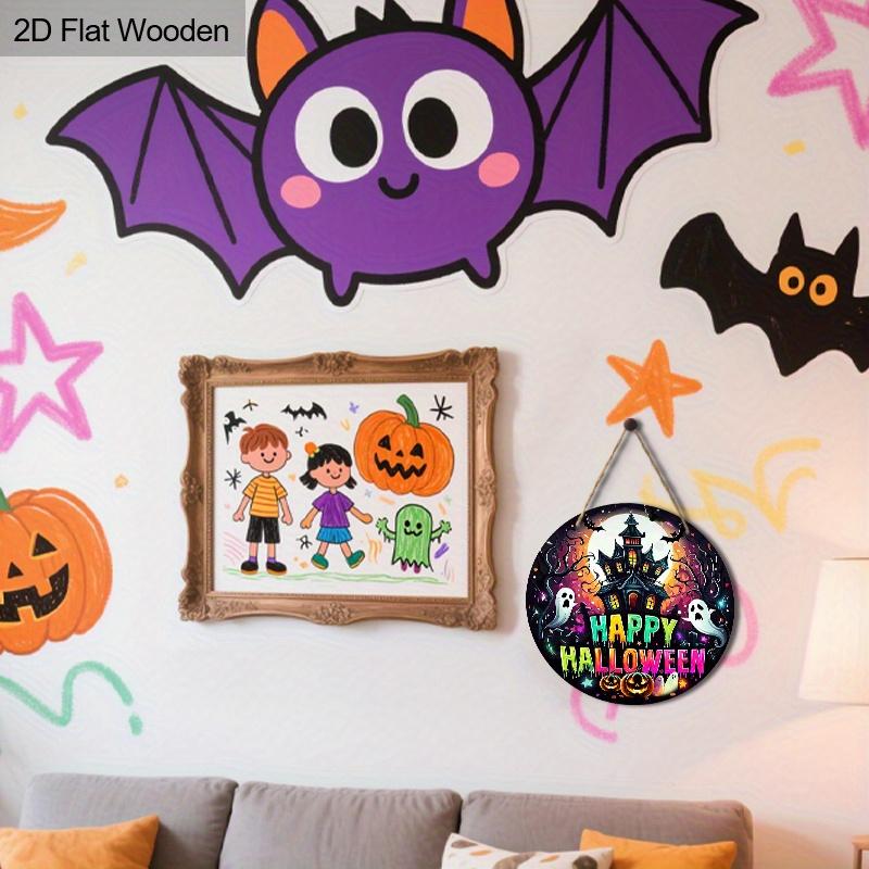 Happy Halloween Wooden Sign with Horror Castle Pattern - Figurine Ornaments with Pumpkin & Ghost Pattern - Ideal for Front Door, Yard, Porch Decor