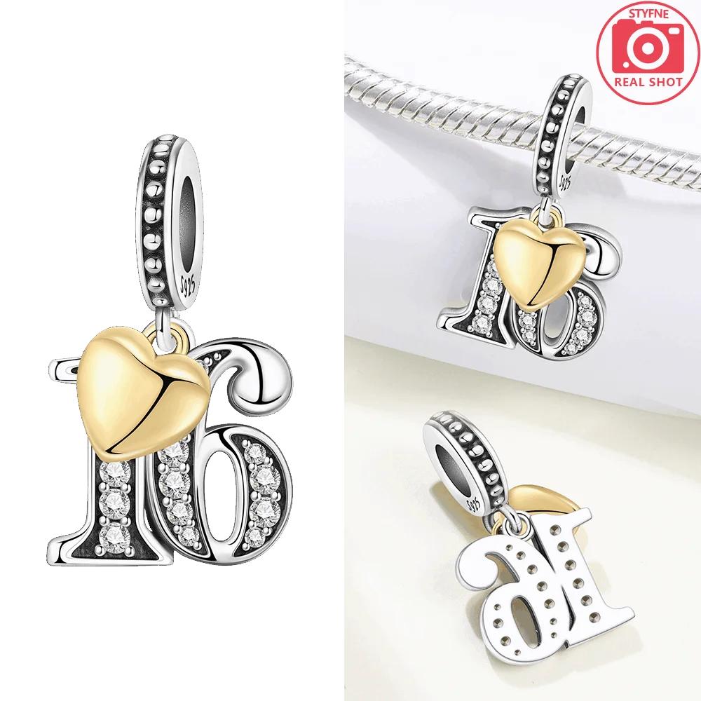 Copper Charms Original White Zircon Gemstone Yellow Heart Number Pendant 18 Beads Fit Bracelet Women Jewelry Diy Fine Gift