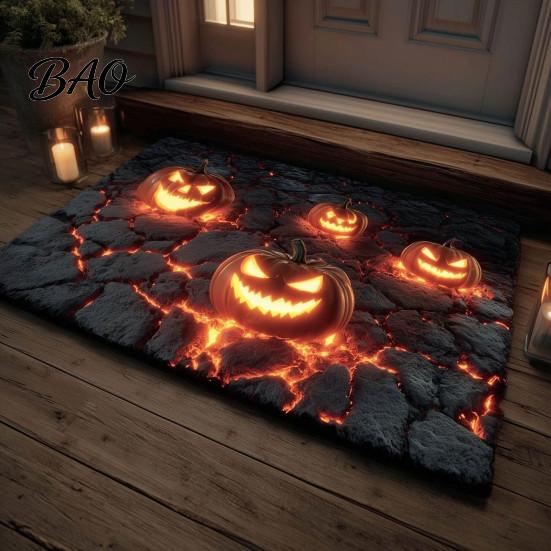 Funny Prank Door Mat 3D Halloween Rug, Optical Illusion Skeleton Realistic Depth Pattern, Jack-o'-lantern Floor Decor Spooky Pumpkin Non-slip