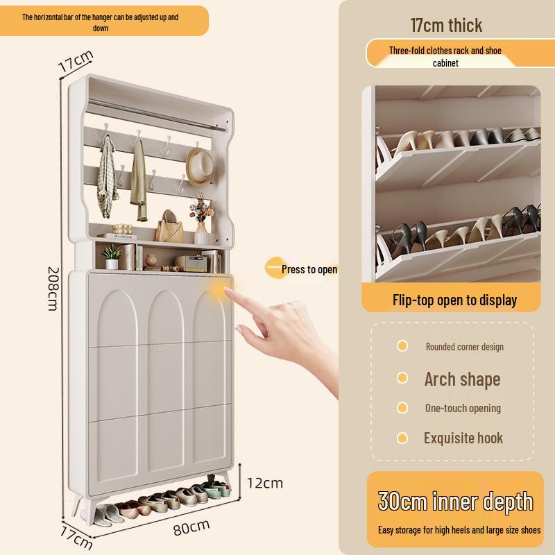 Ultra-Thin Flip-Top Shoe Cabinet & Coat Rack for Entryway Hallway Storage