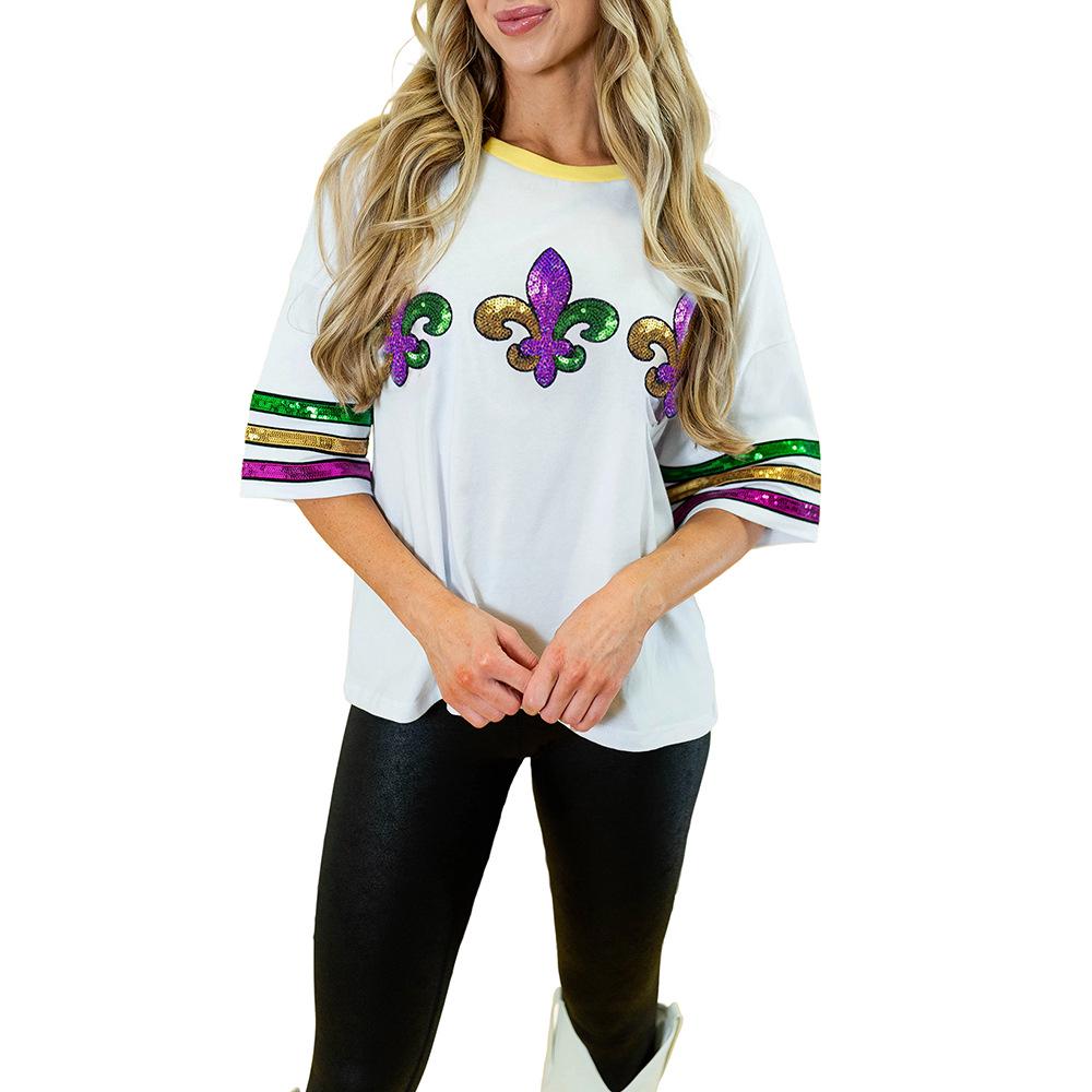 Women’s Sequin Patchwork Mid-Sleeve Geometric Top Extra Large белый